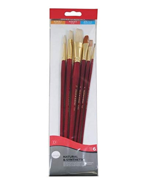 Daler Rowney Mixed Brush Set of 6 Round 2, 5; Flibert 6; Bright 8; Flat 4, 12 Suitable for Oil, Acrylic, Watercolour, Goauche, Poster Colours, Short Handle
