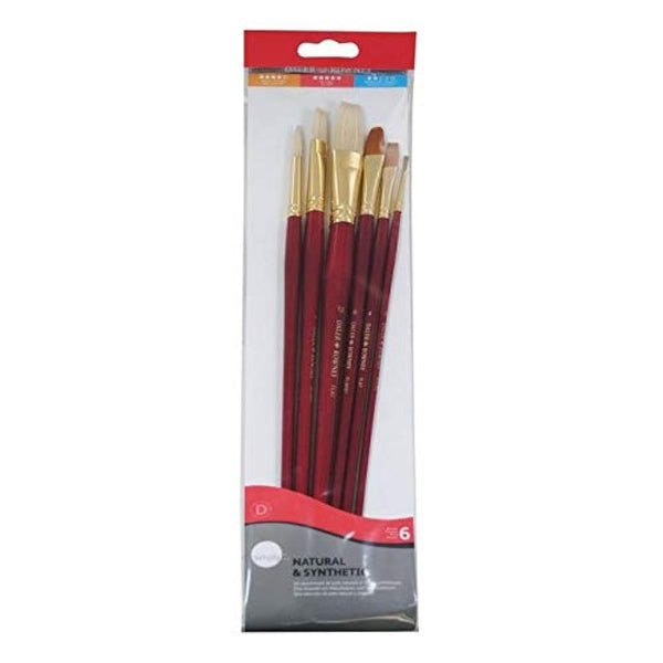 Daler Rowney Mixed Brush Set of 6 Round 2, 5; Flibert 6; Bright 8; Flat 4, 12 Suitable for Oil, Acrylic, Watercolour, Goauche, Poster Colours, Short Handle
