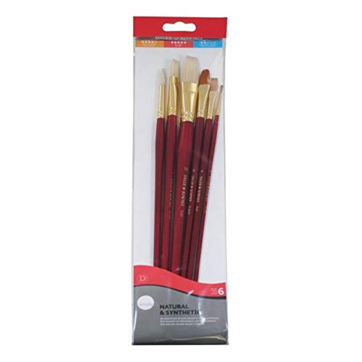 Daler Rowney Mixed Brush Set of 6 Round 2, 5; Flibert 6; Bright 8; Flat 4, 12 Suitable for Oil, Acrylic, Watercolour, Goauche, Poster Colours, Short Handle
