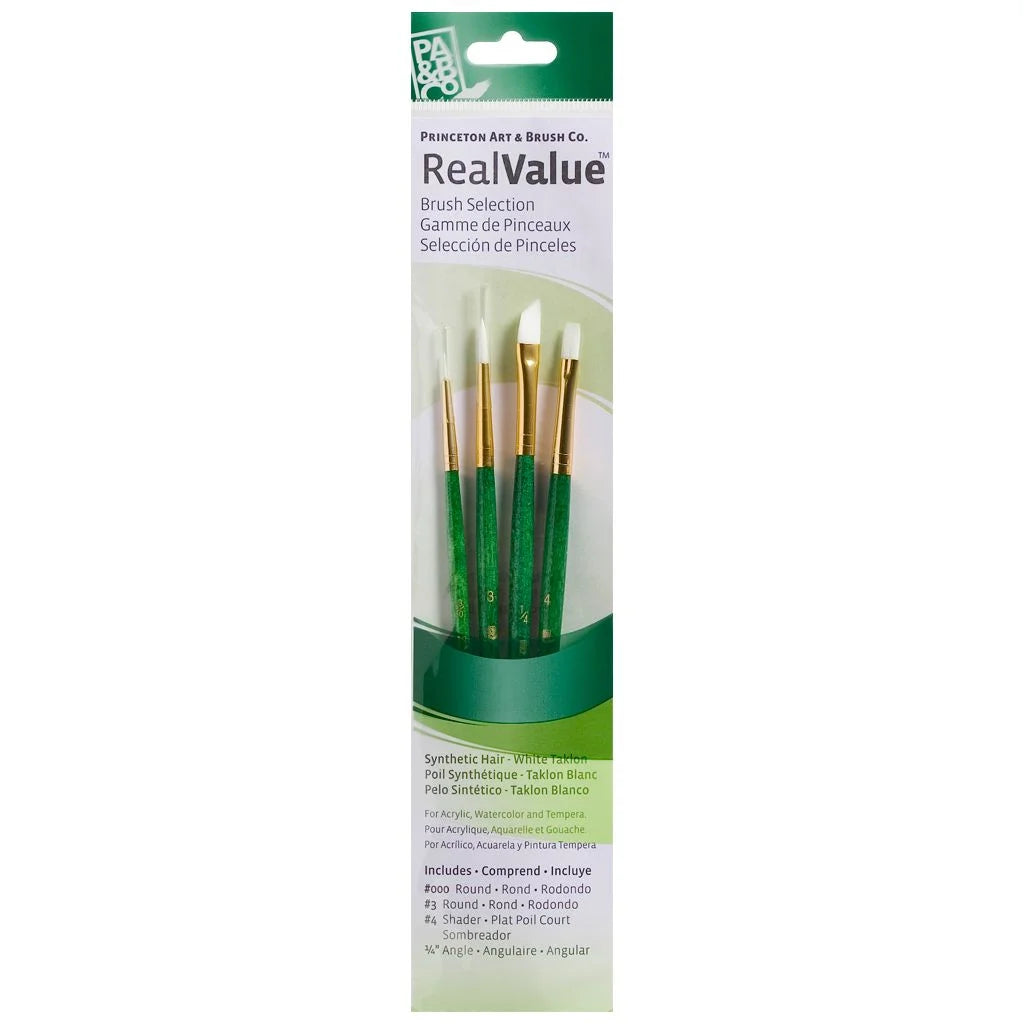 Princeton Mixed Brush Set of 4 Round 000, 3; Shader 4; Angle 1/4" Suitable for Oil, Acrylic, Watercolour, Goauche, Poster Colours, Short Handle