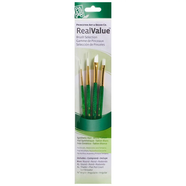 Princeton Mixed Brush Set of 4 Round 000, 3; Shader 4; Angle 1/4" Suitable for Oil, Acrylic, Watercolour, Goauche, Poster Colours, Short Handle