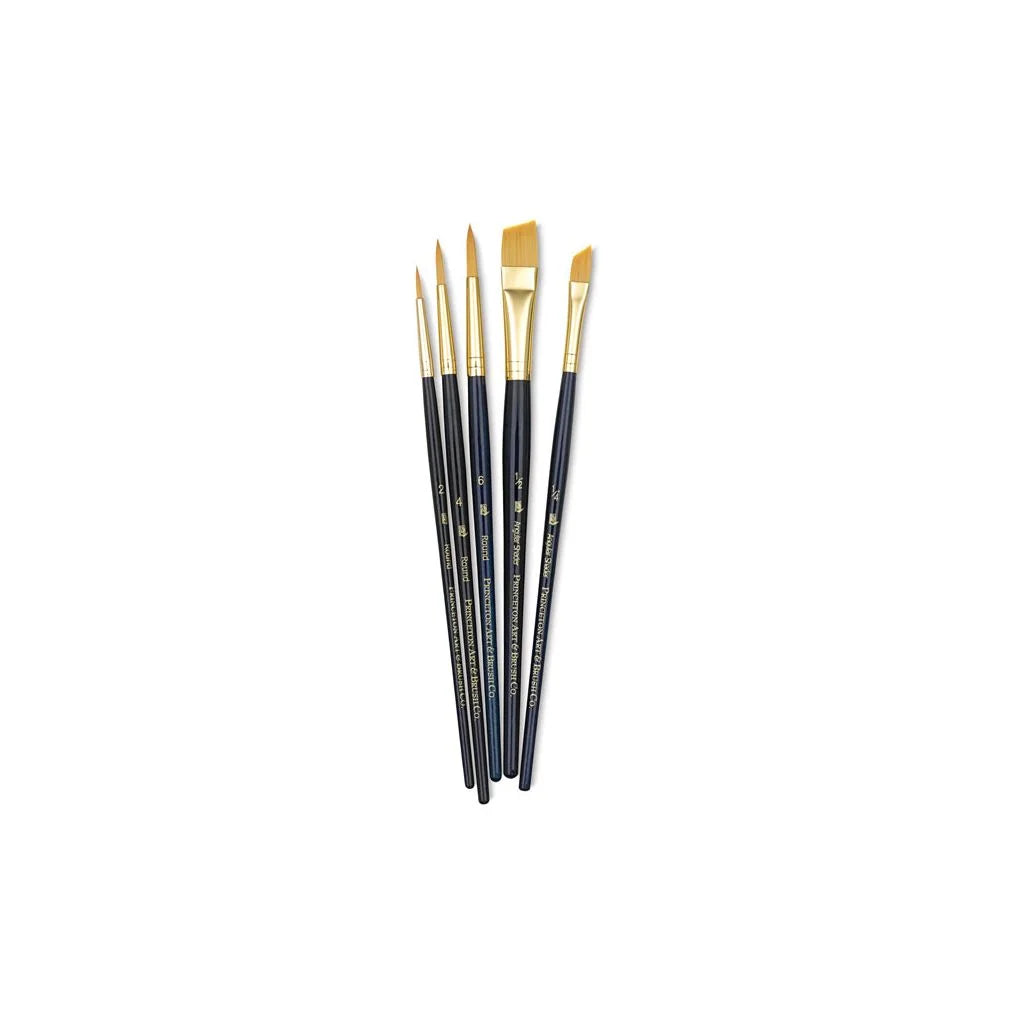 Princeton Mixed Brush Set of 5 Round 000, 2, 4; Flat 2, 6 Suitable for Oil, Acrylic, Watercolour, Goauche, Poster Colours, Short Handle