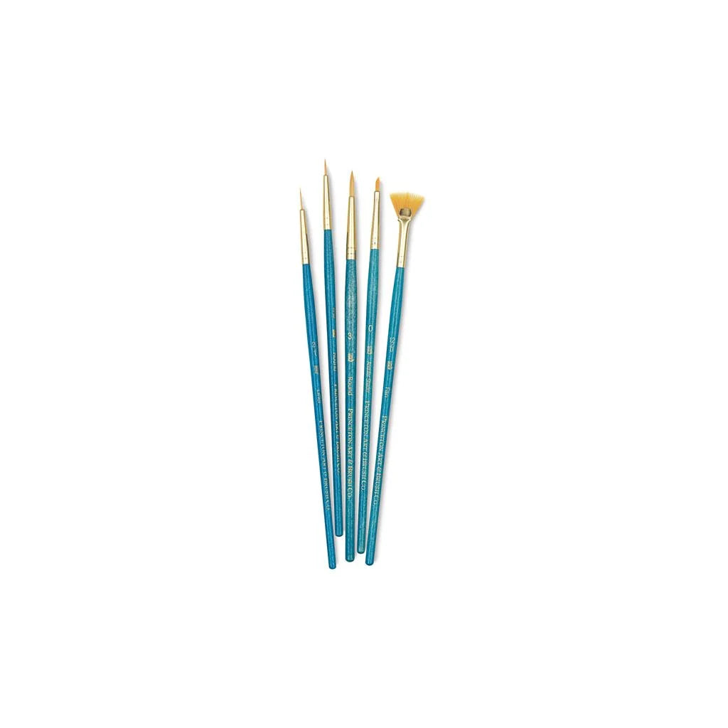 Princeton Mixed Brush Set of 5 Round 000, 3; Liner 20/0; Fan 12/0; Angle Shader 0 Suitable for Oil, Acrylic, Watercolour, Goauche, Poster Colours, Short Handle