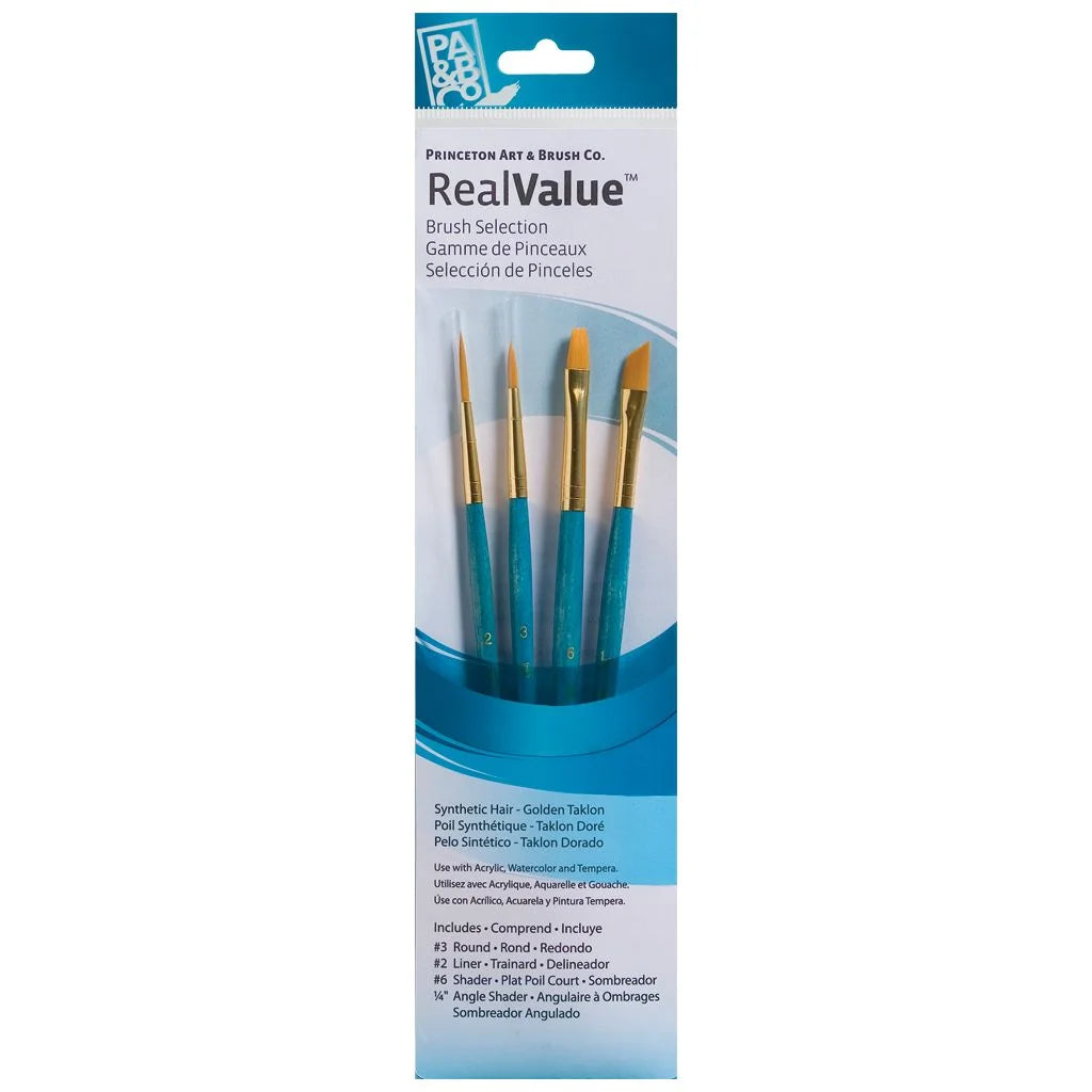 Princeton Mixed Brush Set of 4 Round 3,; Liner 2; Shader 6; Angle Shader 1/4" Suitable for Oil, Acrylic, Watercolour, Goauche, Poster Colours, Short Handle