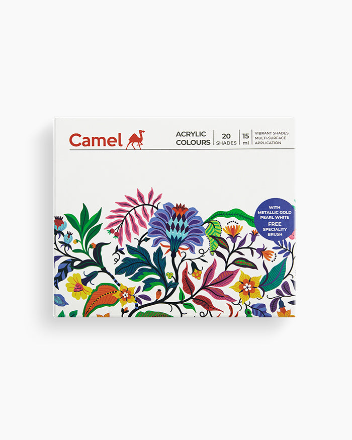 Camel Acrylic Colours Assorted pack of 20 shades in 15ml with Brush, Ultra, Pearl, and Metallic ranges