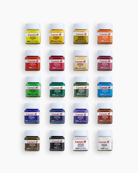 Camel Acrylic Colours Assorted pack of 20 shades in 15ml with Brush, Ultra, Pearl, and Metallic ranges
