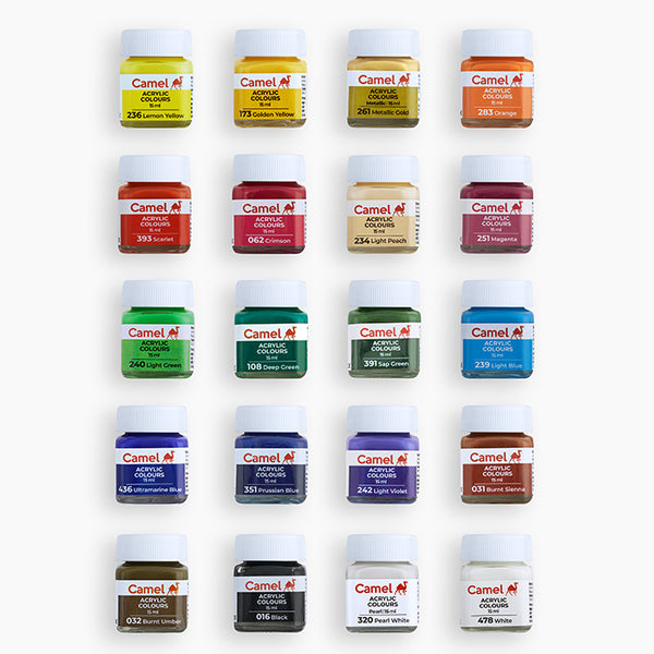 Camel Acrylic Colours Assorted pack of 20 shades in 15ml with Brush, Ultra, Pearl, and Metallic ranges